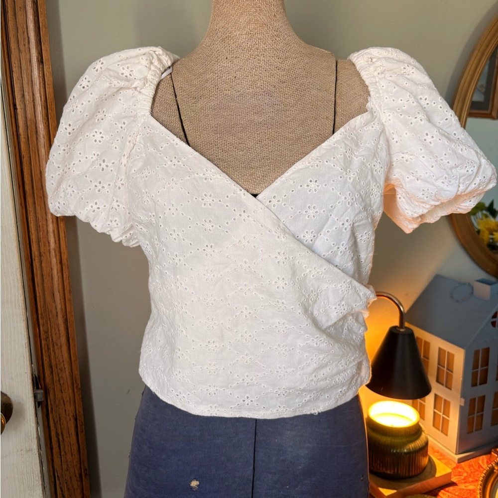 Bar III White Eyelet Puff Sleeve Blouse